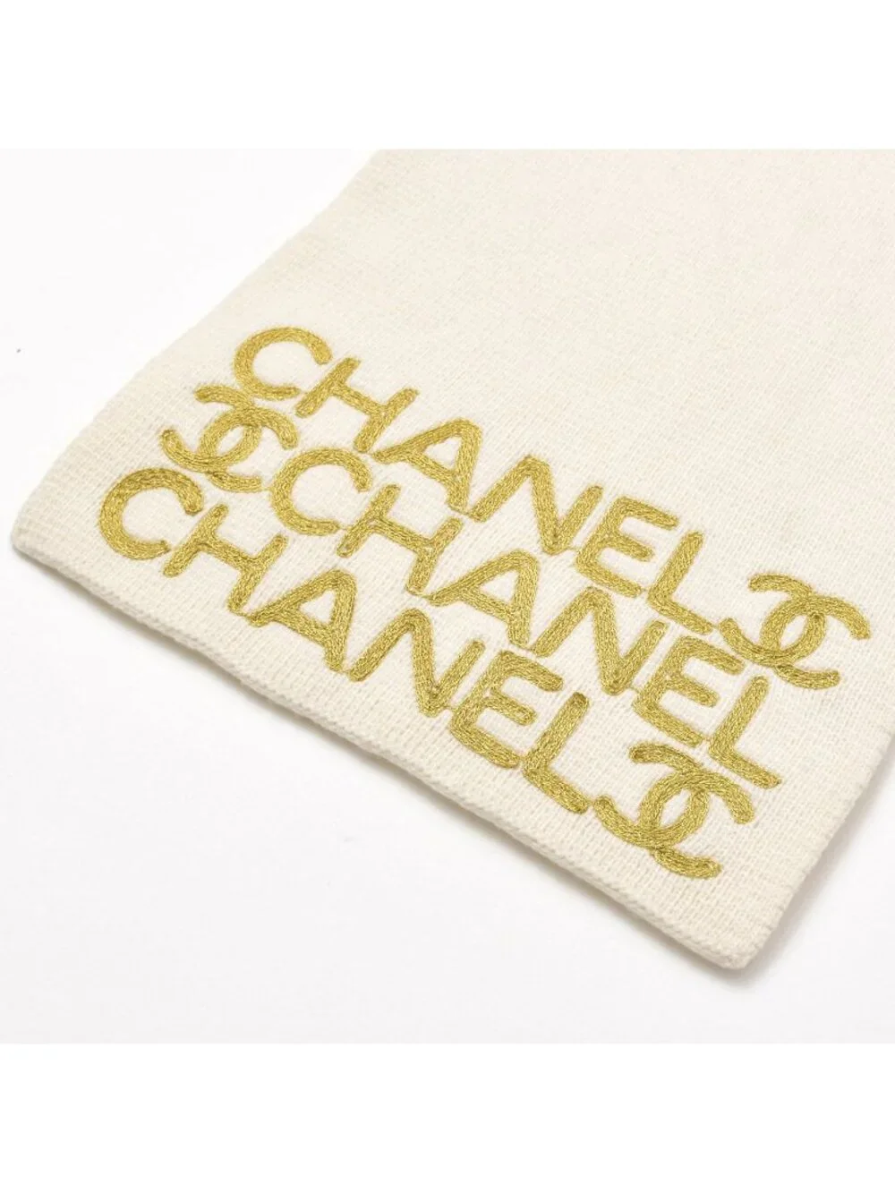 Chanel Logo Embroidery CC Scarf Tobi Quilted Pattern Wool Cashmere Ivory Gold